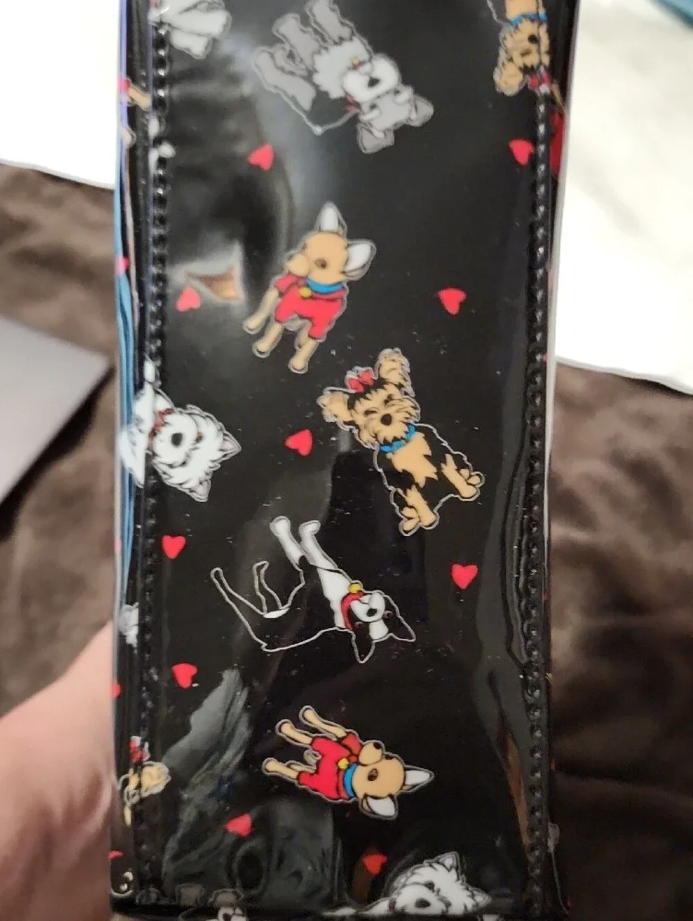 Marc Tetro Black Patent Cosmetic Pouch with Playful Dog Print